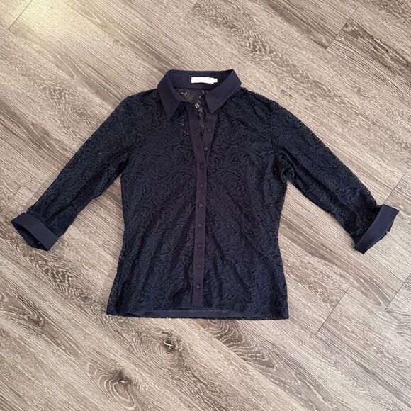 Anne Fontaine Navy Blue Lace Button Up Shirt - Picture 1 of 10